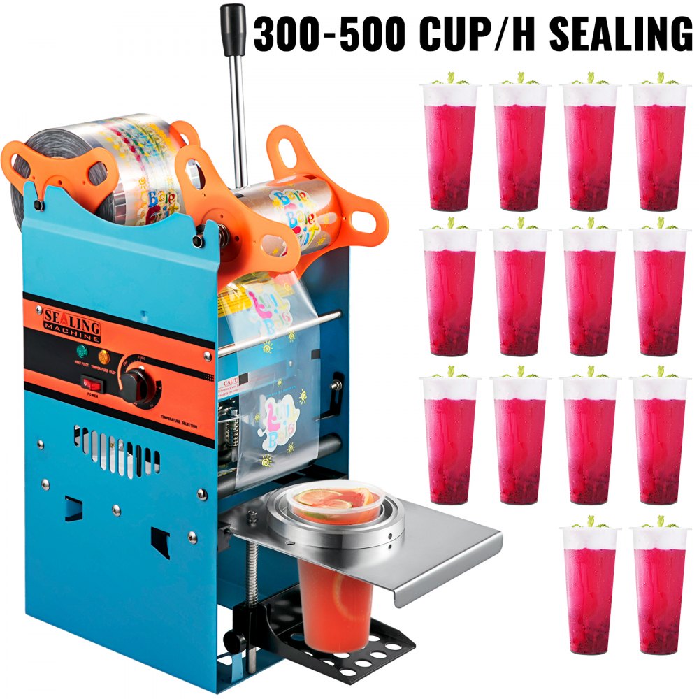VEVOR Manual Tea Cup Sealer Machine, 300-500 Cup/h Manual Boba Tea Sealer Machine, Blue Boba Tea Sealing Machine, 90/95mm Cup Diameter Cup Sealing Machine with Heating Technology for Bubble Milk Tea 