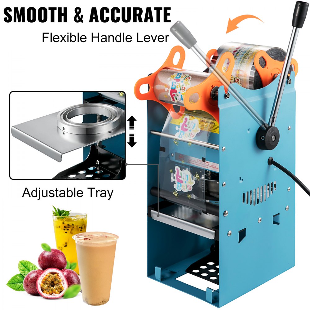 VEVOR Manual Tea Cup Sealer Machine, 300-500 Cup/h Manual Boba Tea Sealer Machine, Blue Boba Tea Sealing Machine, 90/95mm Cup Diameter Cup Sealing Machine with Heating Technology for Bubble Milk Tea 