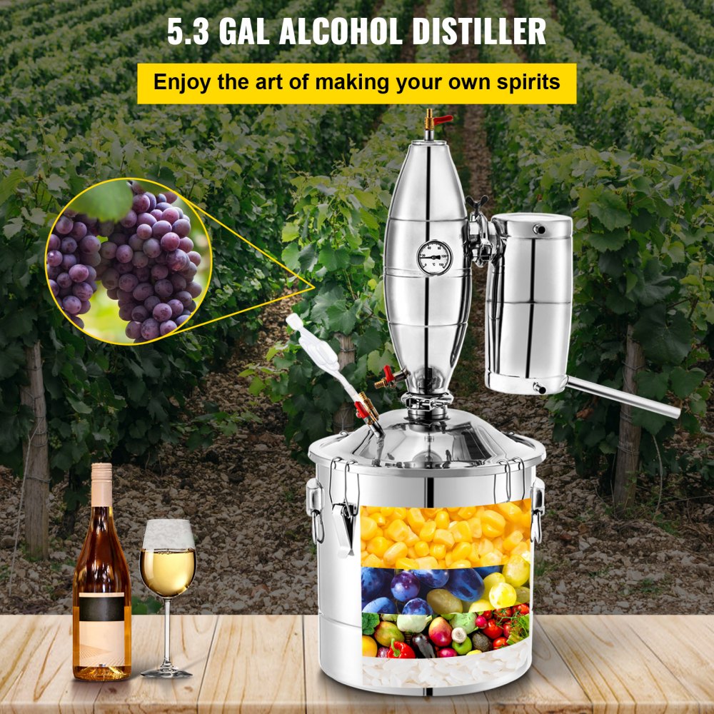 VEVOR 20L 5.28Gal Water Alcohol Distiller 304 Stainless Steel Moonshine Wine Making Boiler Home Kit with Thermometer for Whiskey Brandy Essential Oils 