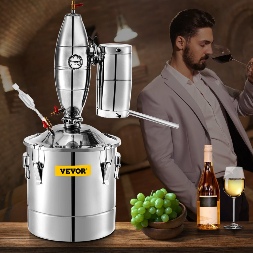 VEVOR 20L 5.28Gal Water Alcohol Distiller 304 Stainless Steel Moonshine Wine Making Boiler Home Kit with Thermometer for Whiskey Brandy Essential Oils 