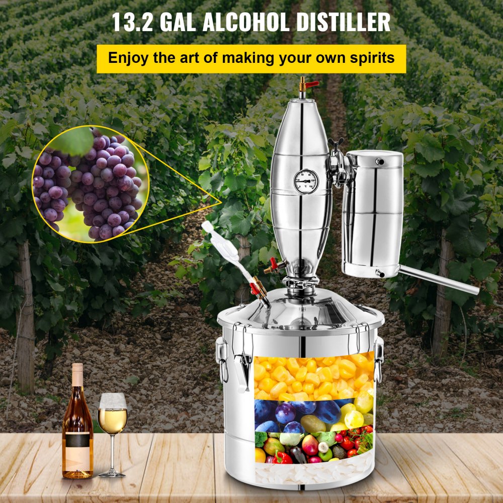 VEVOR 50L 13.2Gal Water Alcohol Distiller 304 Stainless Steel Alcohol Still Wine Making Boiler Home Kit with Thermometer for Whiskey Brandy Essential, Sliver 