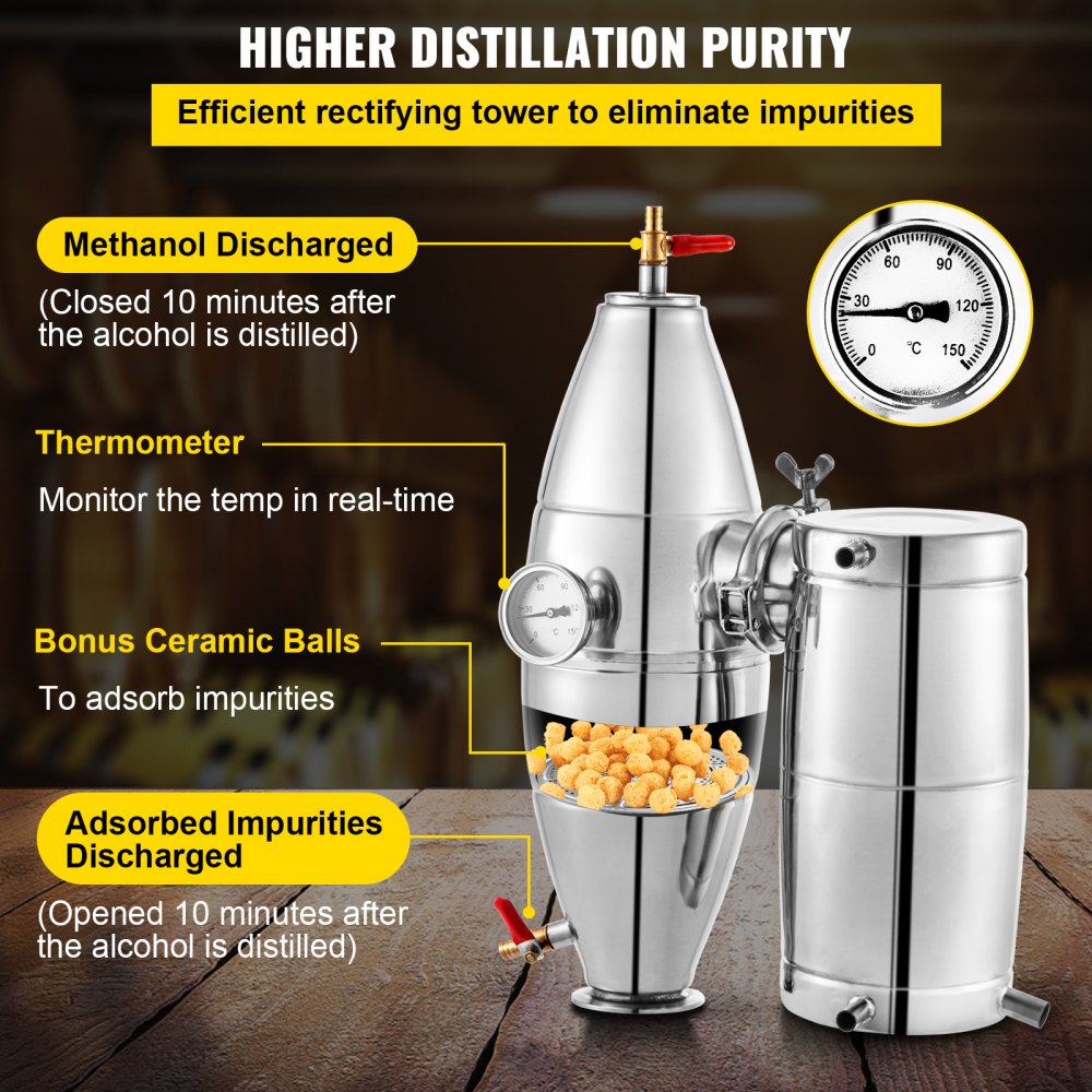 VEVOR 50L 13.2Gal Water Alcohol Distiller 304 Stainless Steel Alcohol Still Wine Making Boiler Home Kit with Thermometer for Whiskey Brandy Essential, Sliver 