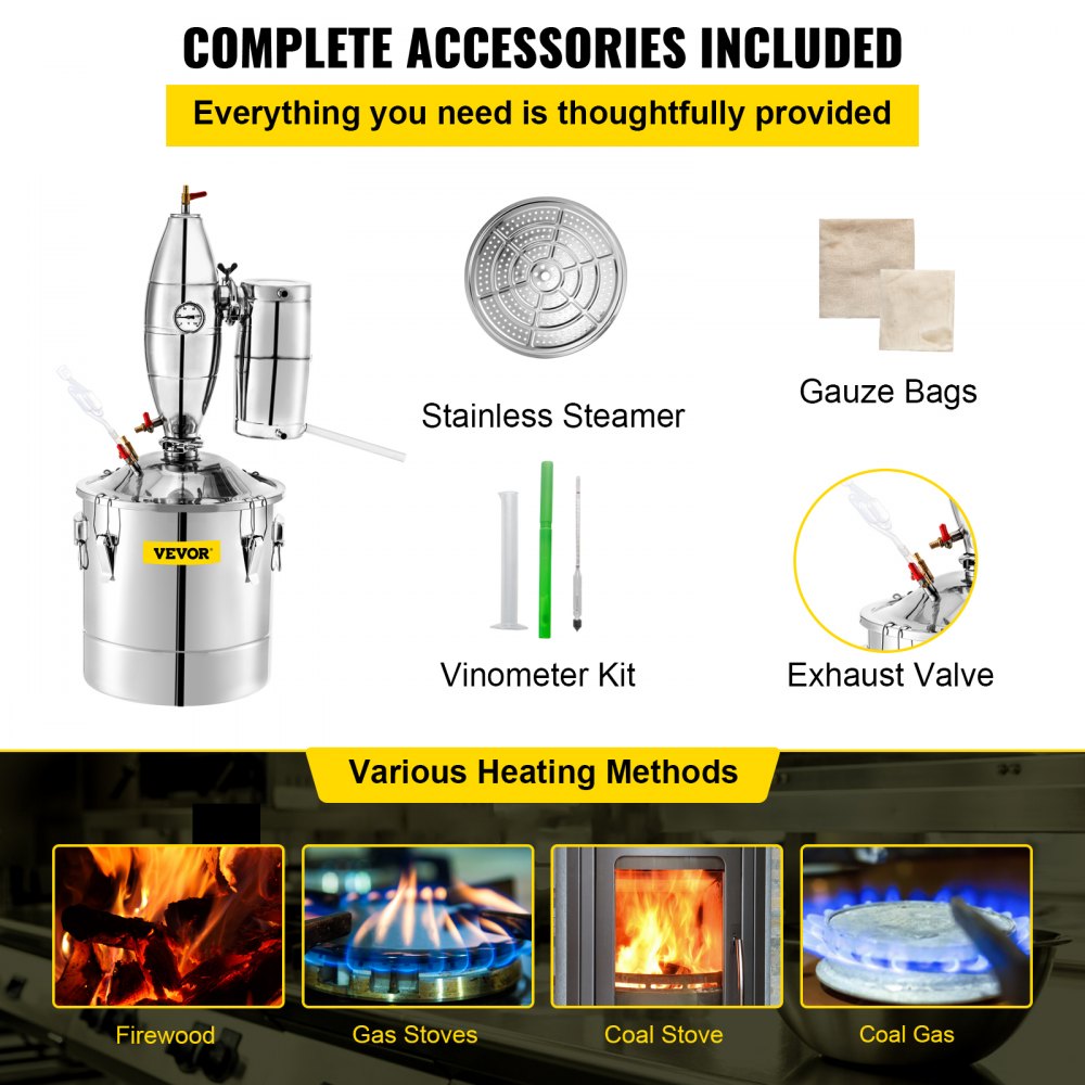 VEVOR 50L 13.2Gal Water Alcohol Distiller 304 Stainless Steel Alcohol Still Wine Making Boiler Home Kit with Thermometer for Whiskey Brandy Essential, Sliver 
