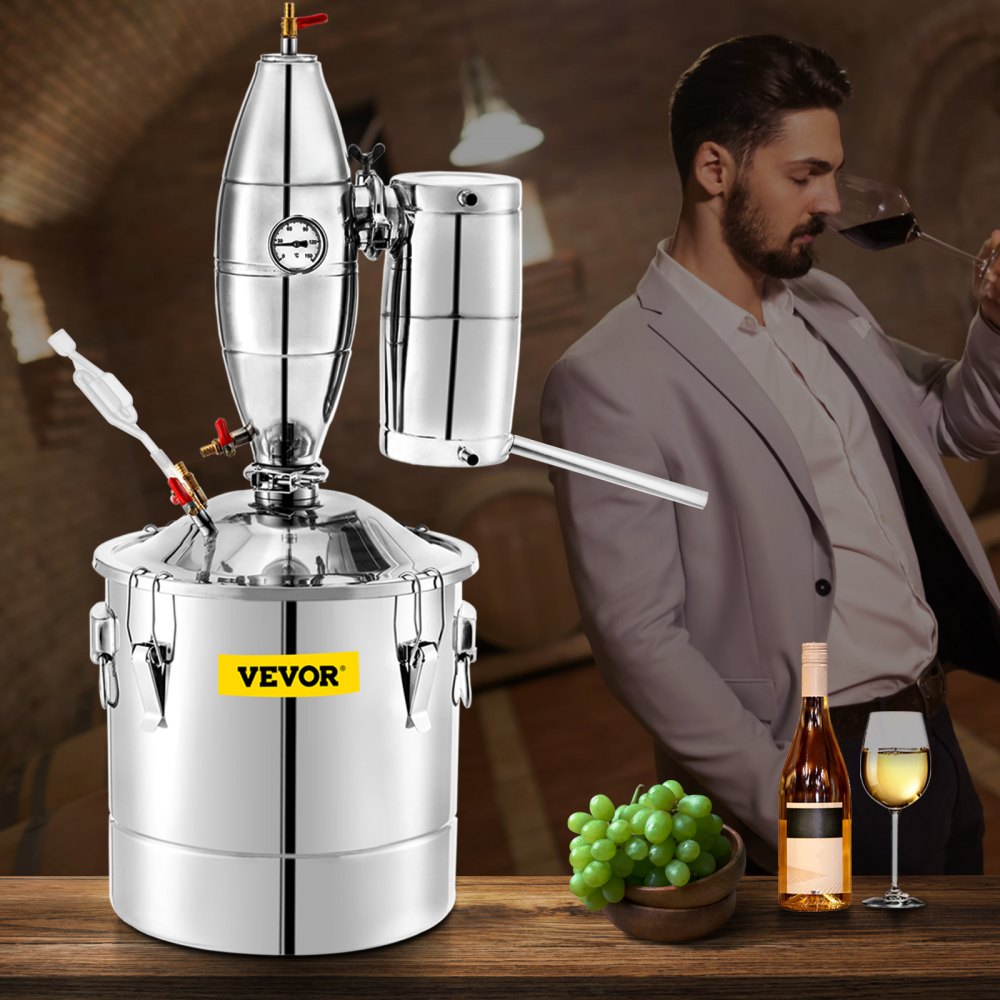VEVOR 50L 13.2Gal Water Alcohol Distiller 304 Stainless Steel Alcohol Still Wine Making Boiler Home Kit with Thermometer for Whiskey Brandy Essential, Sliver 