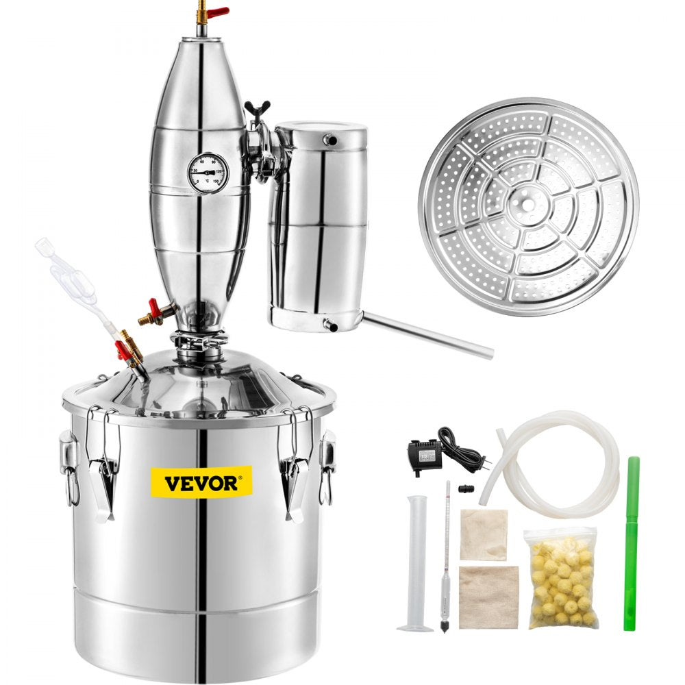 VEVOR 50L 13.2Gal Water Alcohol Distiller 304 Stainless Steel Alcohol Still Wine Making Boiler Home Kit with Thermometer for Whiskey Brandy Essential, Sliver 