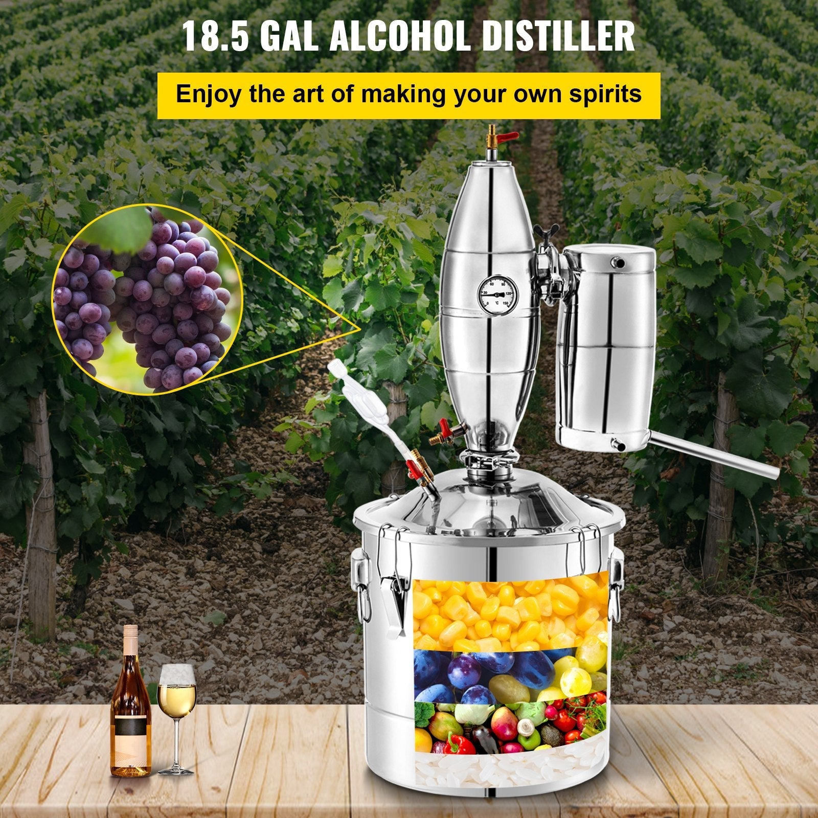 VEVOR 70L 18.5Gal Water Alcohol Distiller 304 Stainless Steel Alcohol Still Wine Making Boiler Home Kit with Thermometer for Whiskey Brandy Essential, Sliver 
