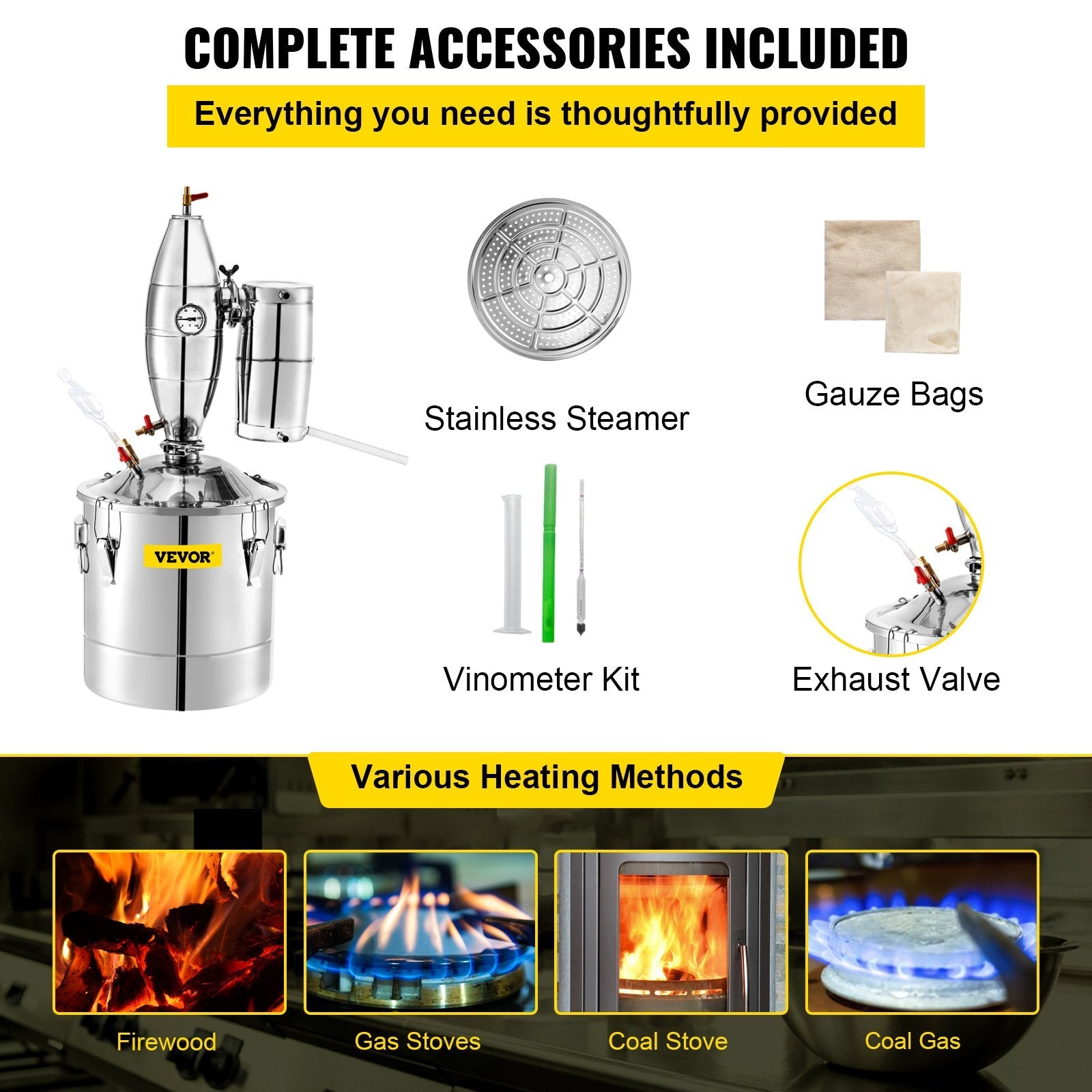VEVOR 70L 18.5Gal Water Alcohol Distiller 304 Stainless Steel Alcohol Still Wine Making Boiler Home Kit with Thermometer for Whiskey Brandy Essential, Sliver 