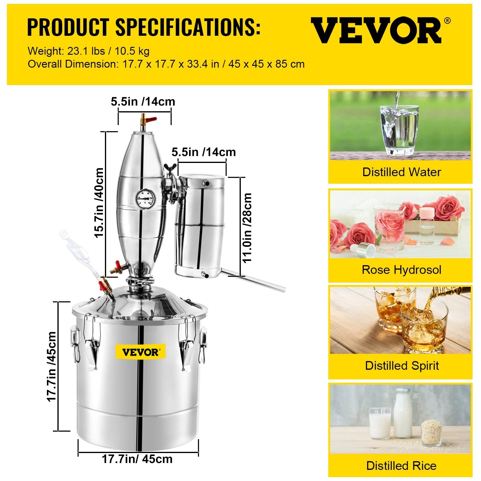 VEVOR 70L 18.5Gal Water Alcohol Distiller 304 Stainless Steel Alcohol Still Wine Making Boiler Home Kit with Thermometer for Whiskey Brandy Essential, Sliver 