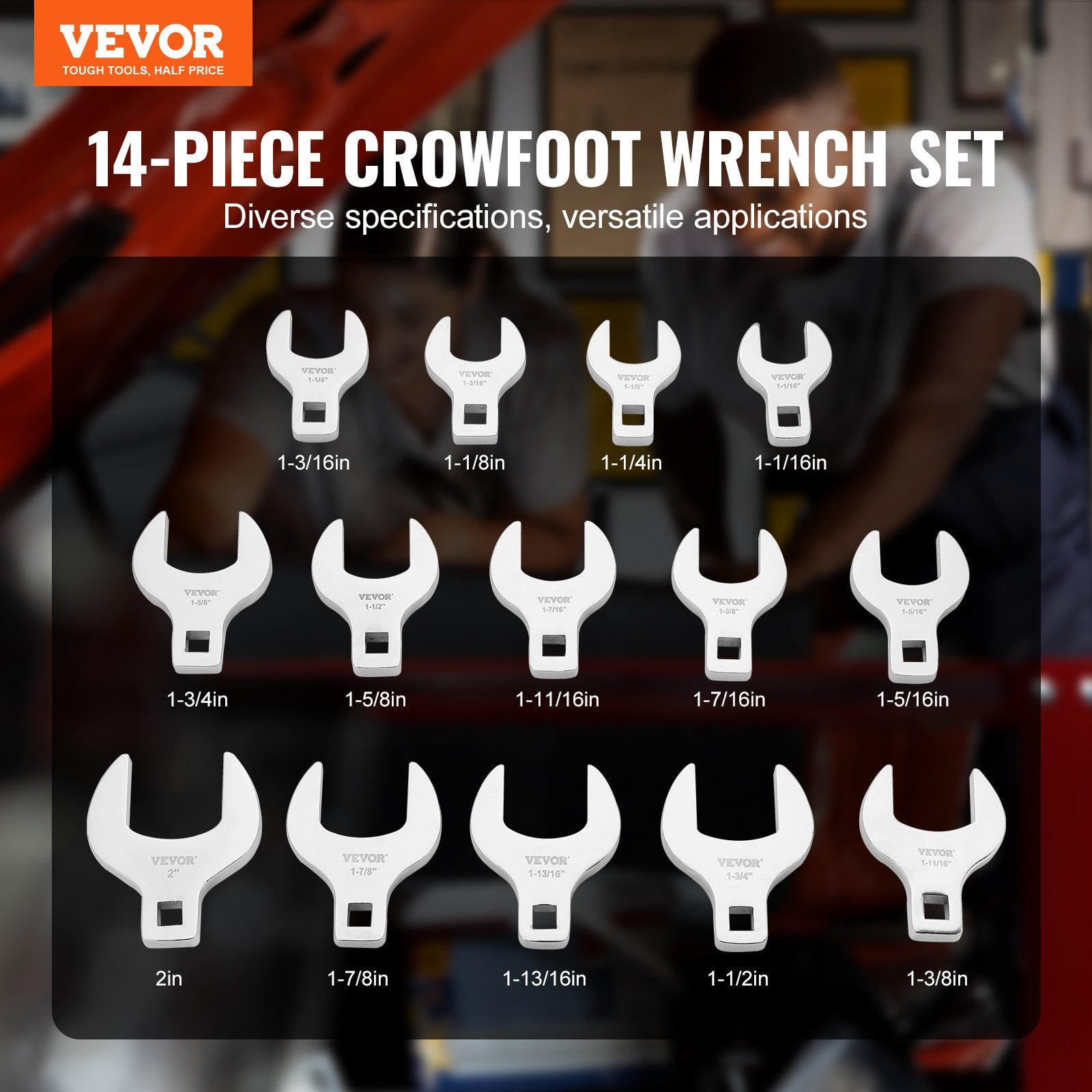 VEVOR Crowfoot Wrench Set, 1/2" Drive 14-Piece SAE (1-1/16" - 2") Crows Foot Wrench Set with Storage Tray, 40CR Material with Laser Etched Sizing, for Mechanical Maintenance or Repairs 