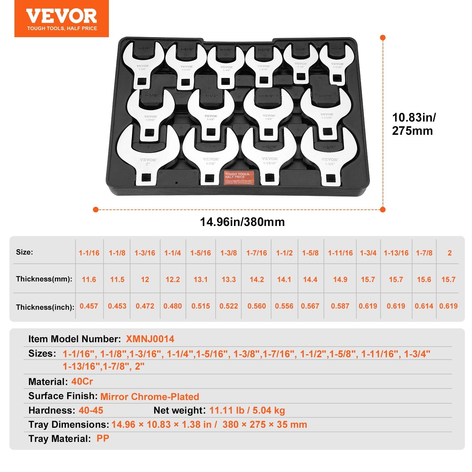 VEVOR Crowfoot Wrench Set, 1/2" Drive 14-Piece SAE (1-1/16" - 2") Crows Foot Wrench Set with Storage Tray, 40CR Material with Laser Etched Sizing, for Mechanical Maintenance or Repairs 