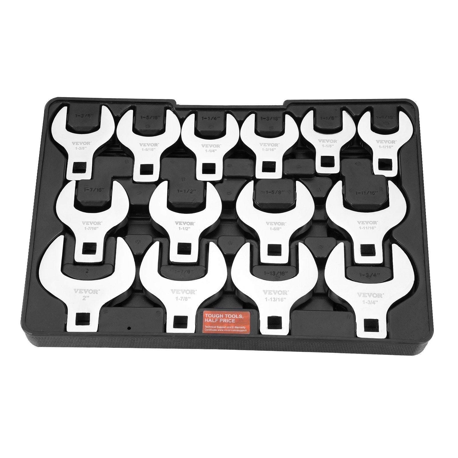 VEVOR Crowfoot Wrench Set, 1/2" Drive 14-Piece SAE (1-1/16" - 2") Crows Foot Wrench Set with Storage Tray, 40CR Material with Laser Etched Sizing, for Mechanical Maintenance or Repairs 