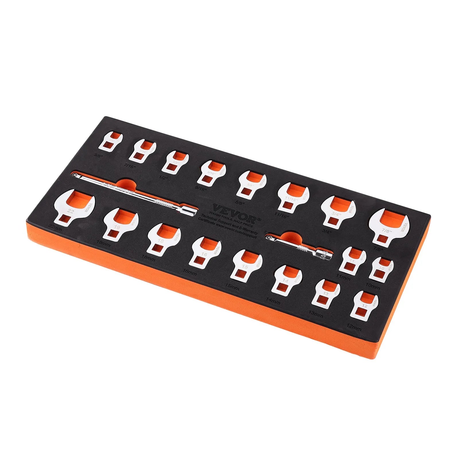 VEVOR Crowfoot Wrench Set, 3/8" Drive 20-Piece Crows Foot Wrench Set with 2 Extension Bars and EVA Tool Organizer, SAE 3/8"-7/8" and Metric 10-22 mm, 40CR Material with Mirror Chrome Finish