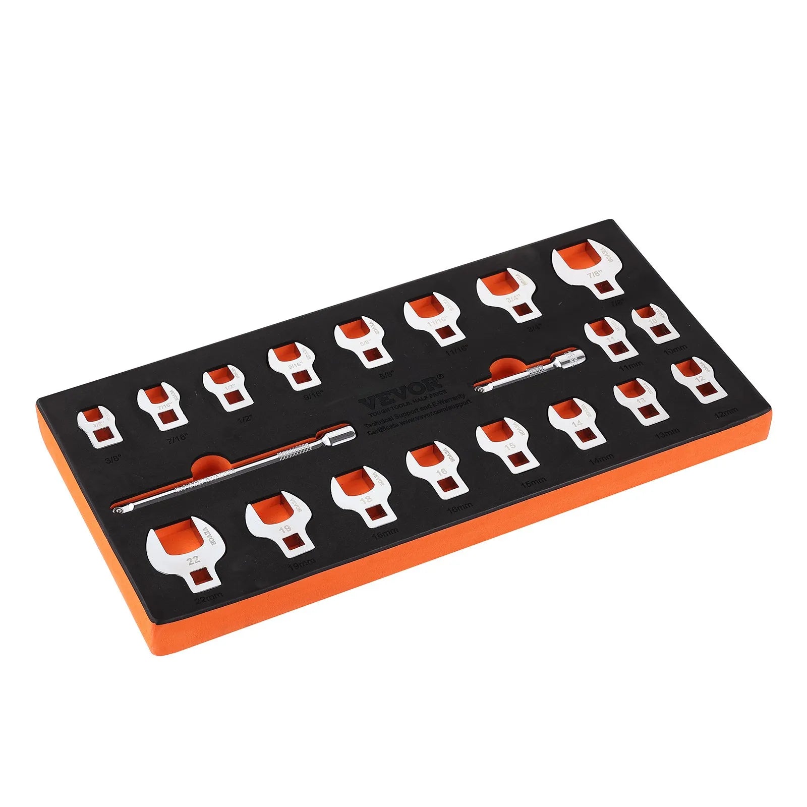 VEVOR Crowfoot Wrench Set, 3/8" Drive 20-Piece Crows Foot Wrench Set with 2 Extension Bars and EVA Tool Organizer, SAE 3/8"-7/8" and Metric 10-22 mm, 40CR Material with Mirror Chrome Finish