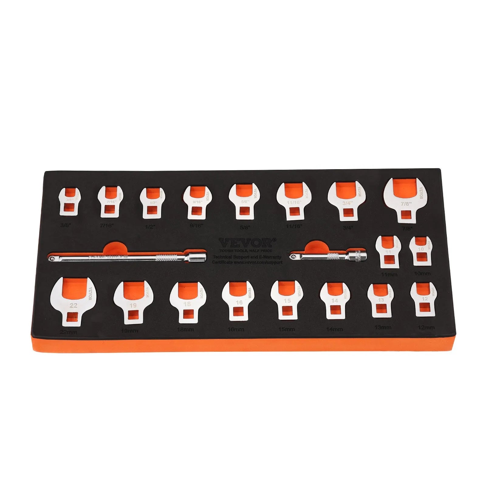 VEVOR Crowfoot Wrench Set, 3/8" Drive 20-Piece Crows Foot Wrench Set with 2 Extension Bars and EVA Tool Organizer, SAE 3/8"-7/8" and Metric 10-22 mm, 40CR Material with Mirror Chrome Finish