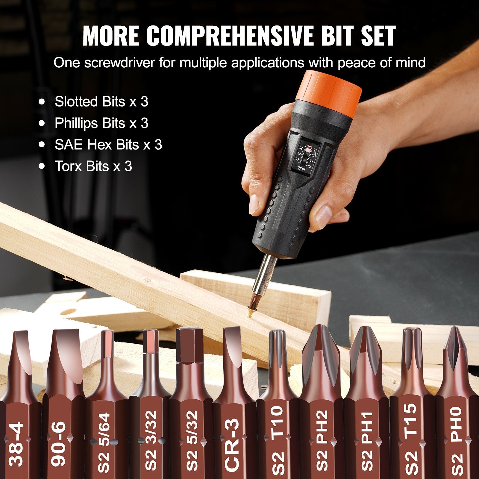 VEVOR 1/4" Drive Torque Screwdriver Wrench Set | 10-70 in-lbs Torque Adjustment Range | 1 in-lb Increment Torque Screwdriver | Driver Bits Set with View Window, 12 Bits & Case, Magnetic Function 