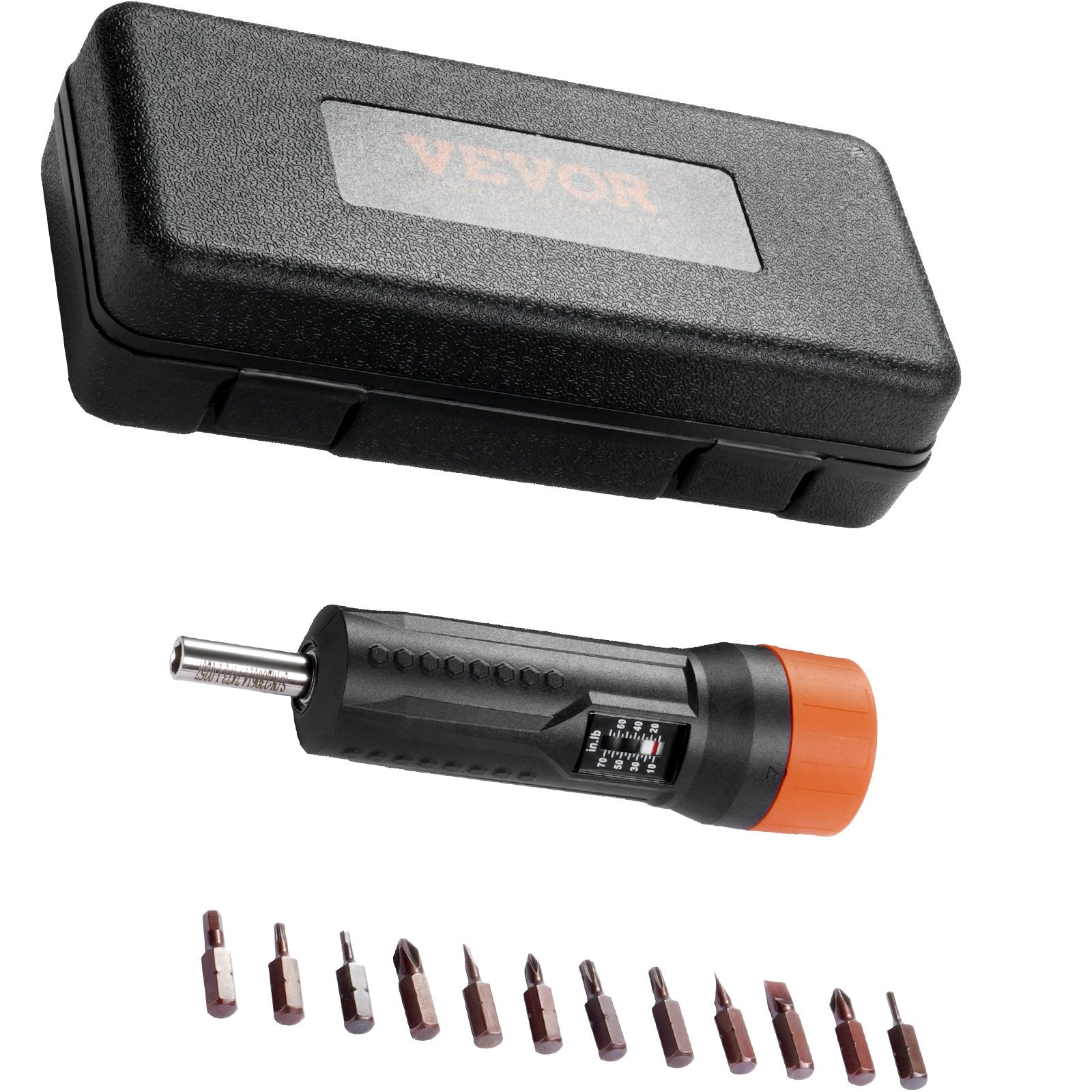VEVOR 1/4" Drive Torque Screwdriver Wrench Set | 10-70 in-lbs Torque Adjustment Range | 1 in-lb Increment Torque Screwdriver | Driver Bits Set with View Window, 12 Bits & Case, Magnetic Function 
