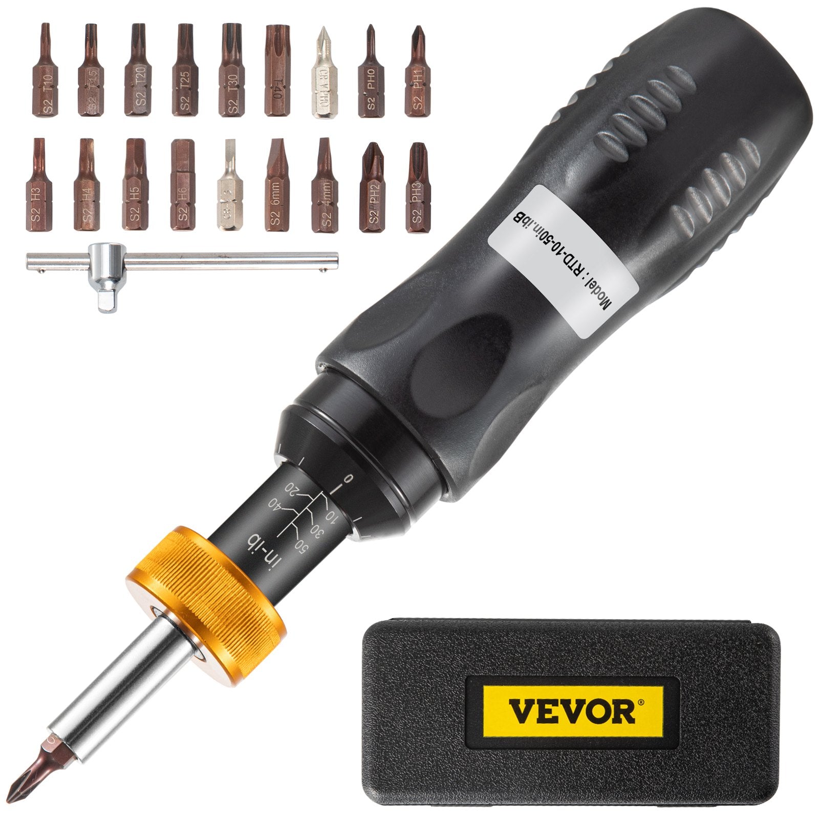 VEVOR Torque Screwdriver, 1/4\" Drive Screwdriver Torque Wrench, Torque Screwdriver Electrician 10-50 in/lbs, Torque Range Accurate to ±5%, 5 in-lb Increment Torque Screwdriver with Bits & Case 