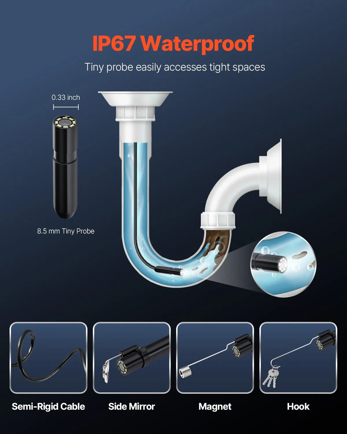VEVOR Endoscope Camera 1920P HD Borescope for Android & IOS with 49.2FT Cable