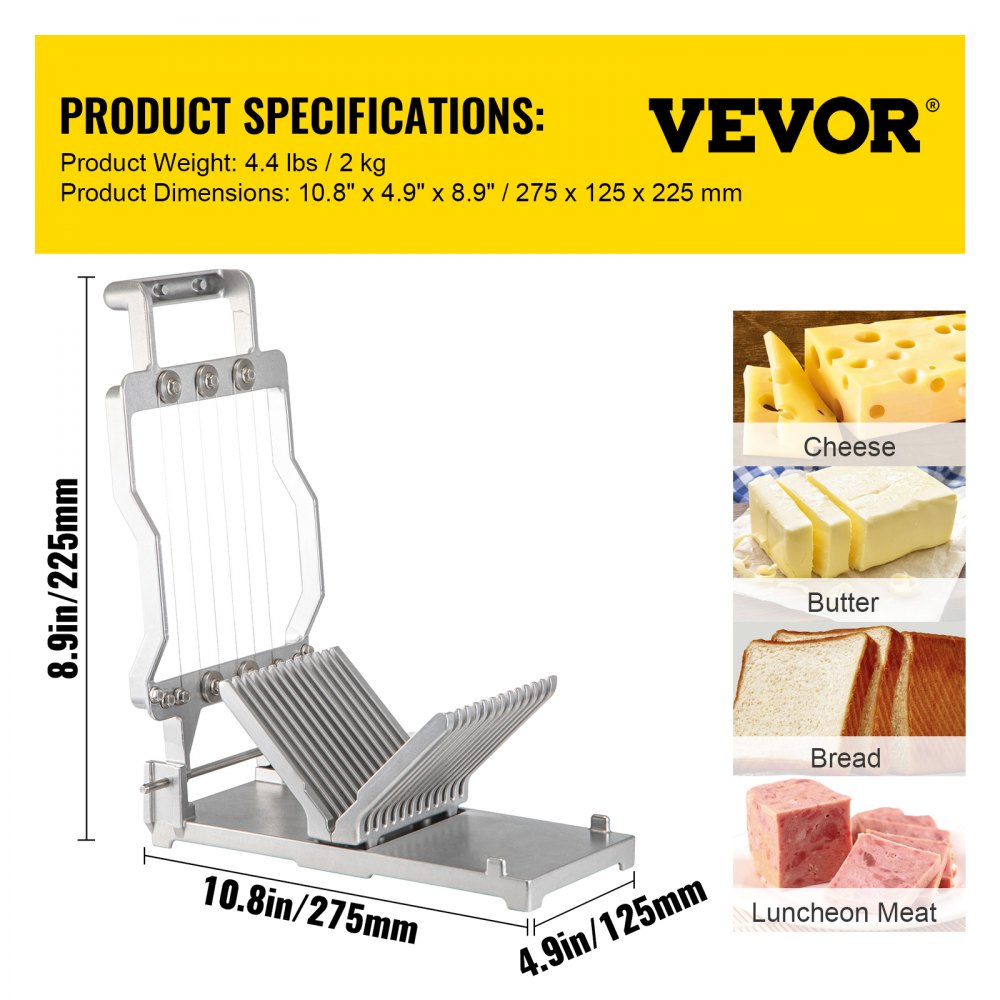 VEVOR Cheese Cutter With Wire 1 cm & 2 cm Cheeser Butter Cutting Blade Replaceable Cheese Slicer Wire, Aluminum Alloy Commercial Cheese Slicer w/ 304 Stainless Steel Wire Kitchen Cooking Baking Tool 