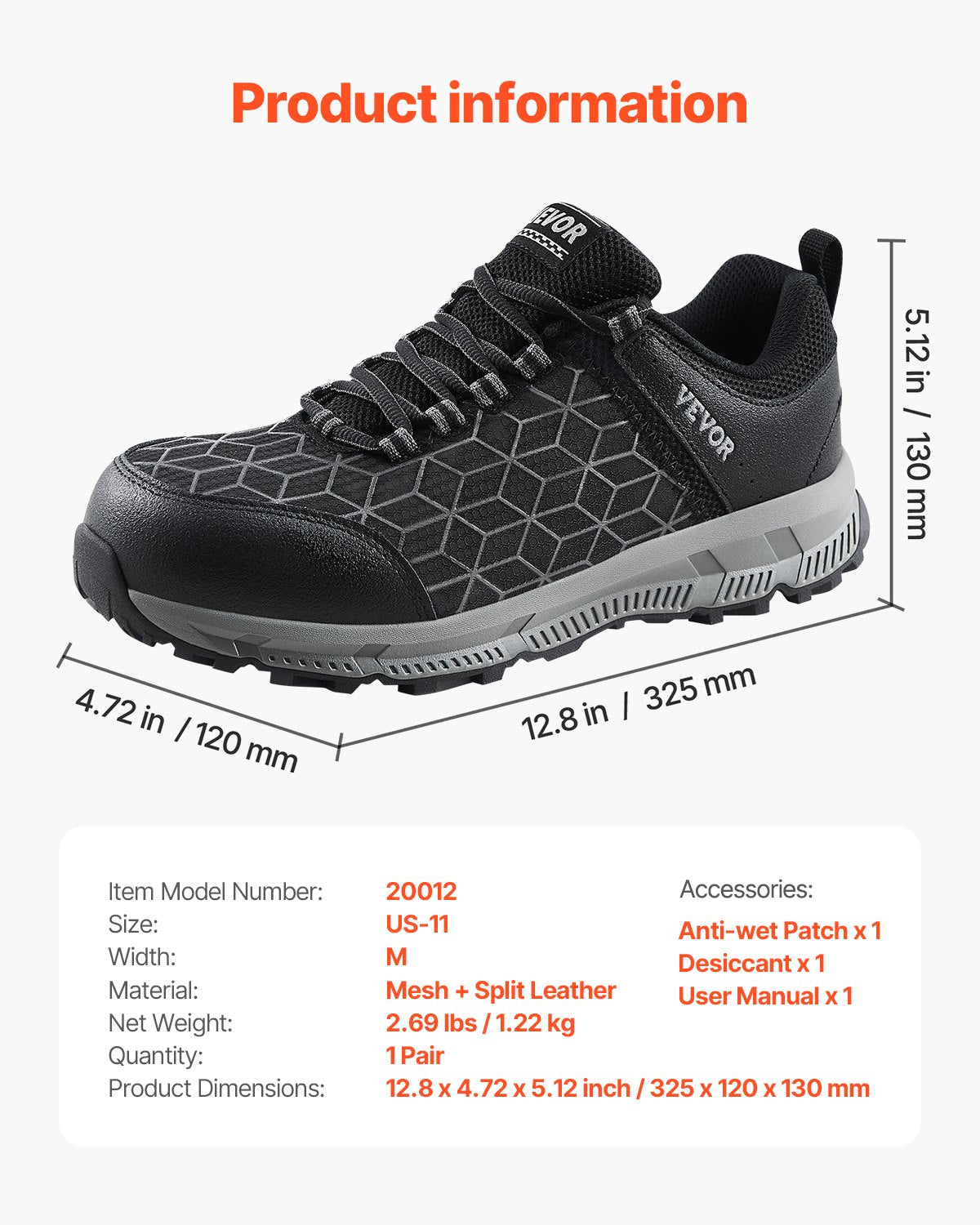 VEVOR Steel Toe Shoes for Men US Size 11 Athletic Work Shoe Sneakers Black 