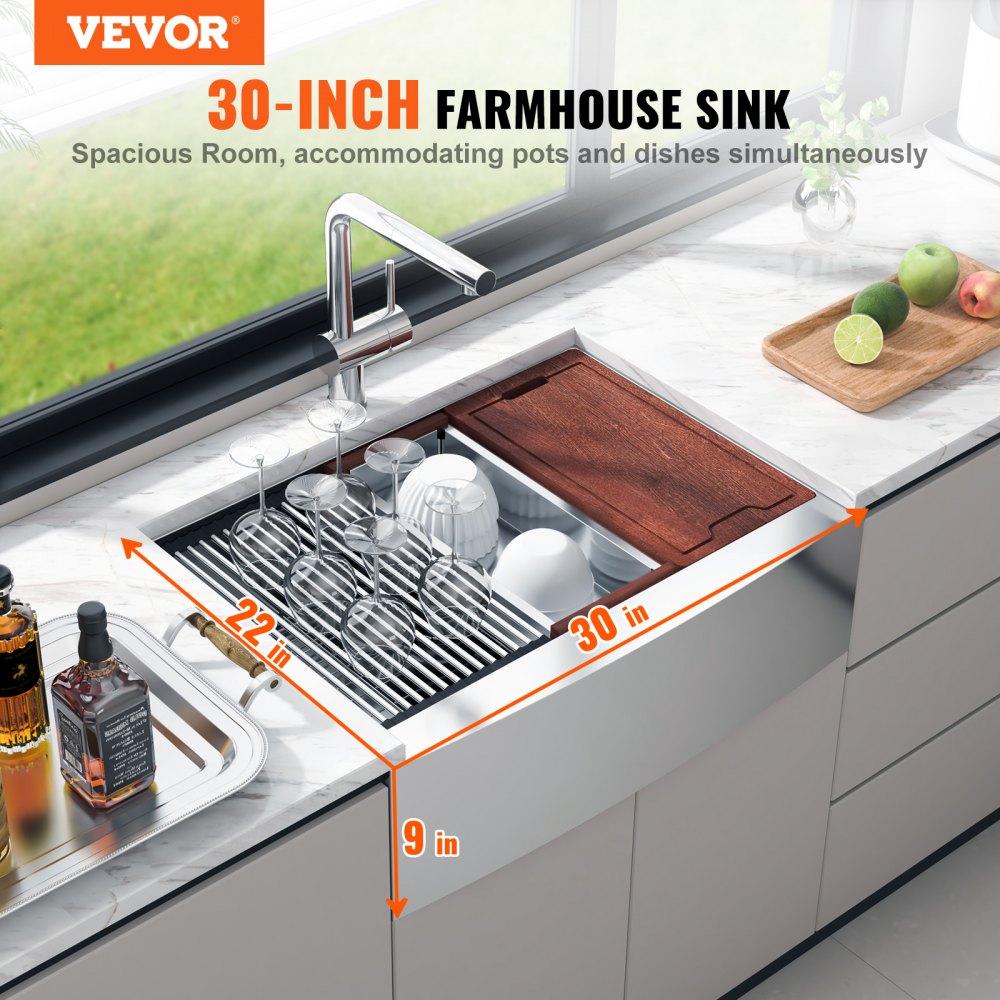 VEVOR Farmhouse Kitchen Sink, 304 Stainless Steel Drop-In Sinks, Single Bowl Basin with Ledge & Accessories, Household Dishwasher Sinks for Workstation, Prep Kitchen, and Bar Sink, 30 inch 