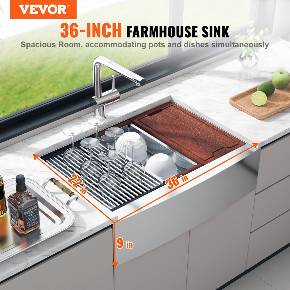 VEVOR Farmhouse Kitchen Sink, 304 Stainless Steel Drop-In Sinks, Top Mount Single Bowl Basin with Ledge & Accessories, Household Dishwasher Sinks for Workstation, Prep Kitchen, and Bar Sink, 36 inch 
