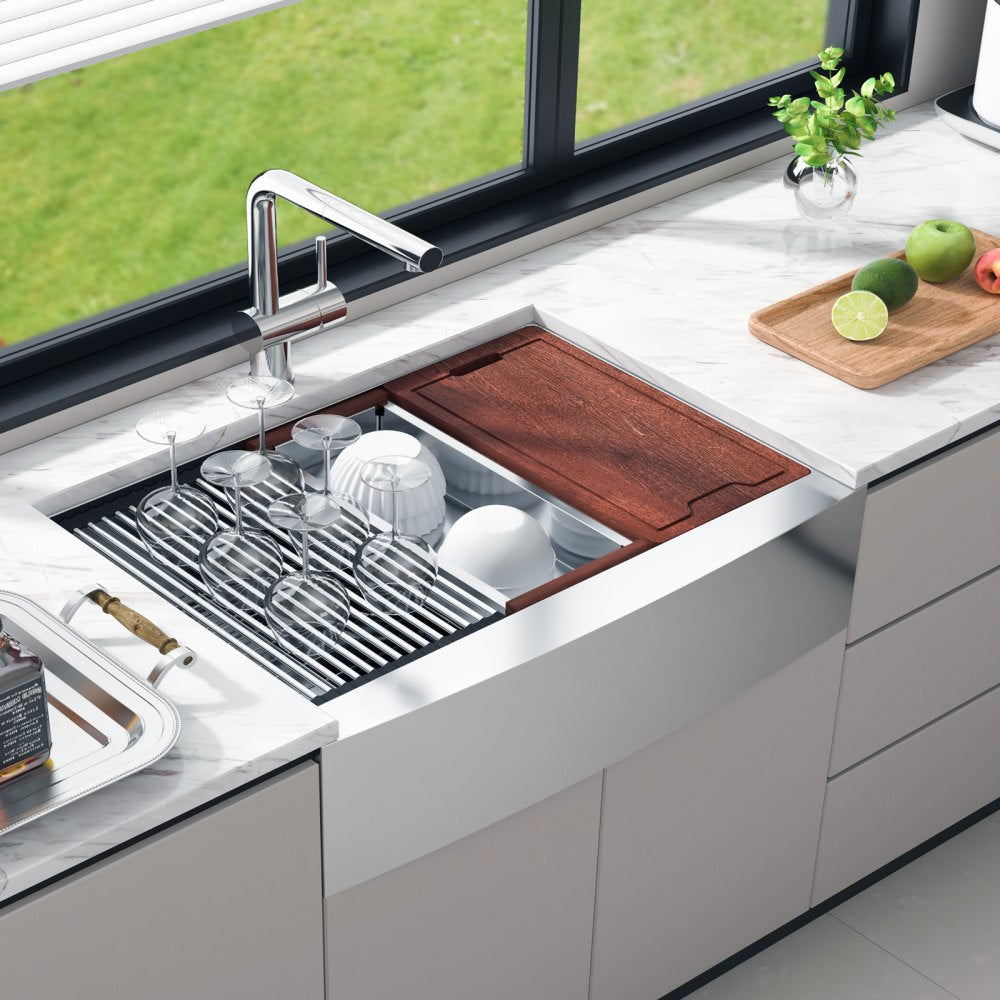 VEVOR Farmhouse Kitchen Sink, 304 Stainless Steel Drop-In Sinks, Top Mount Single Bowl Basin with Ledge & Accessories, Household Dishwasher Sinks for Workstation, Prep Kitchen, and Bar Sink, 36 inch 