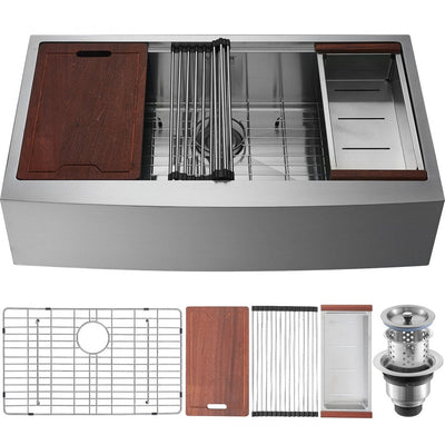 VEVOR Farmhouse Kitchen Sink, 304 Stainless Steel Drop-In Sinks, Top Mount Single Bowl Basin with Ledge & Accessories, Household Dishwasher Sinks for Workstation, Prep Kitchen, and Bar Sink, 36 inch 