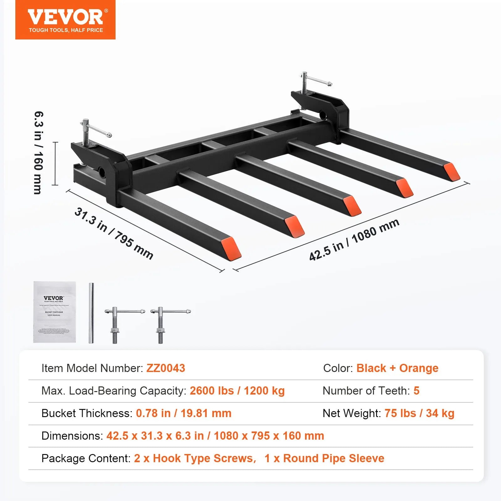VEVOR Clamp on Debris Forks to 48" Bucket, 2600 lbs Capacity Heavy Duty Clamp on Pallet Forks Bucket Attachments, Fit for Loader Bucket Skidsteer Tractor to Clean up Fallen Limbs Debris or Yard Wwaste