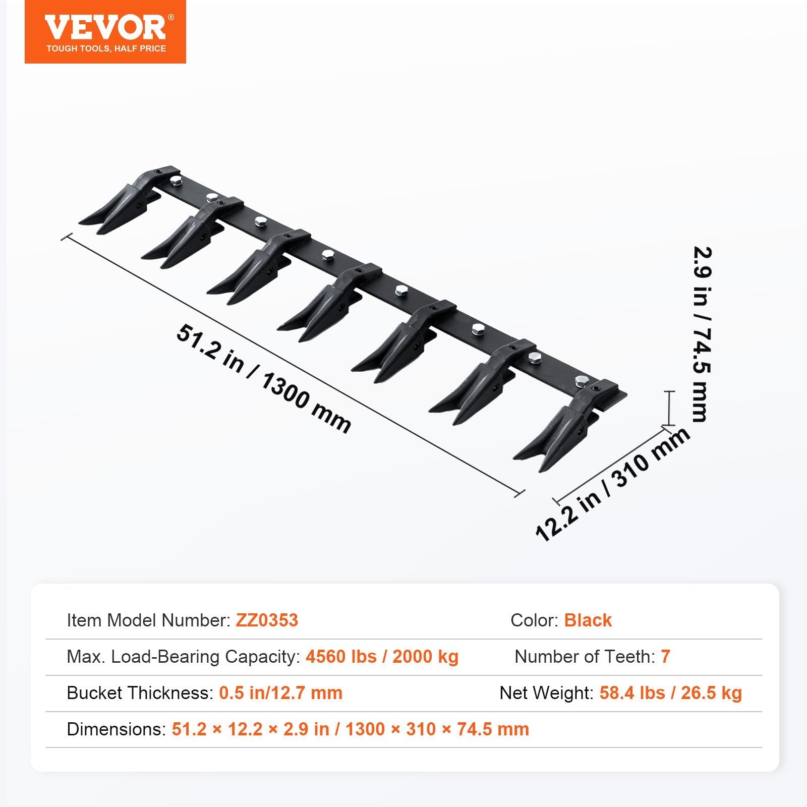 VEVOR Bucket Tooth Bar, 53'', Heavy Duty Tractor Bucket Teeth Bar for Sub-Compact Tractor Loader, 4560 lbs Load-Bearing Capacity, Fits Bucket Cutting Edges Sized 1/2" or Less with No Drilling Required 