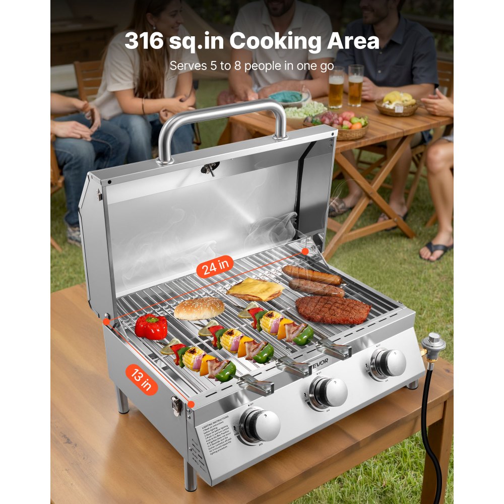 VEVOR Tabletop Gas Grill – 3-Burner Stainless Steel Portable Propane Grill, 22,500 BTU