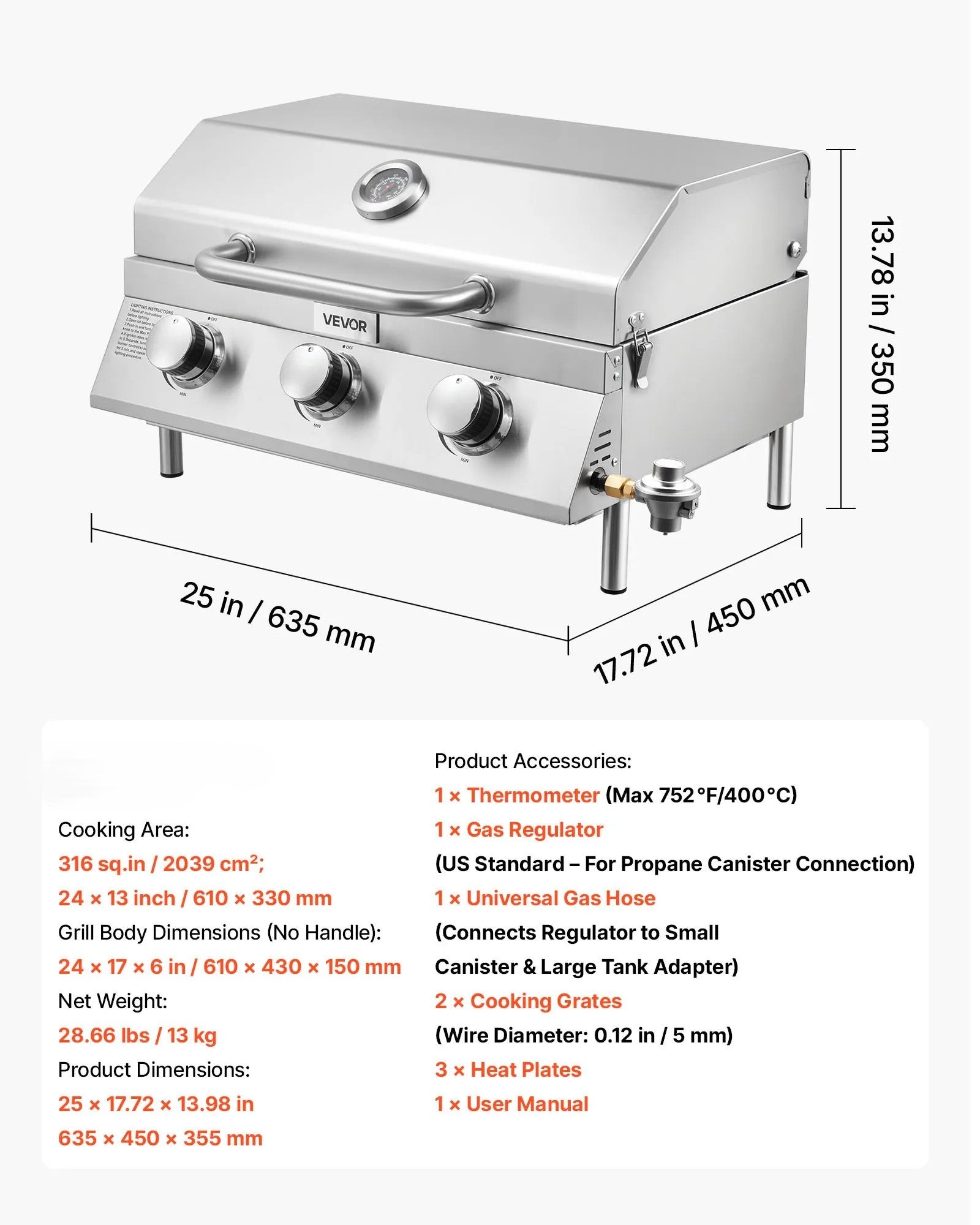 VEVOR Tabletop Gas Grill – 3-Burner Stainless Steel Portable Propane Grill, 22,500 BTU