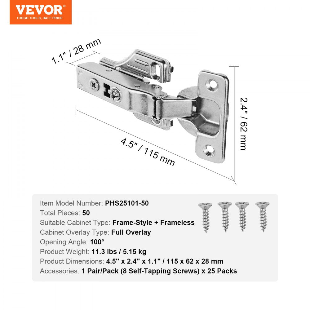 VEVOR Cabinet Door Hinges 50 Packs Full Overlay Soft Close for Framed/Frameless 