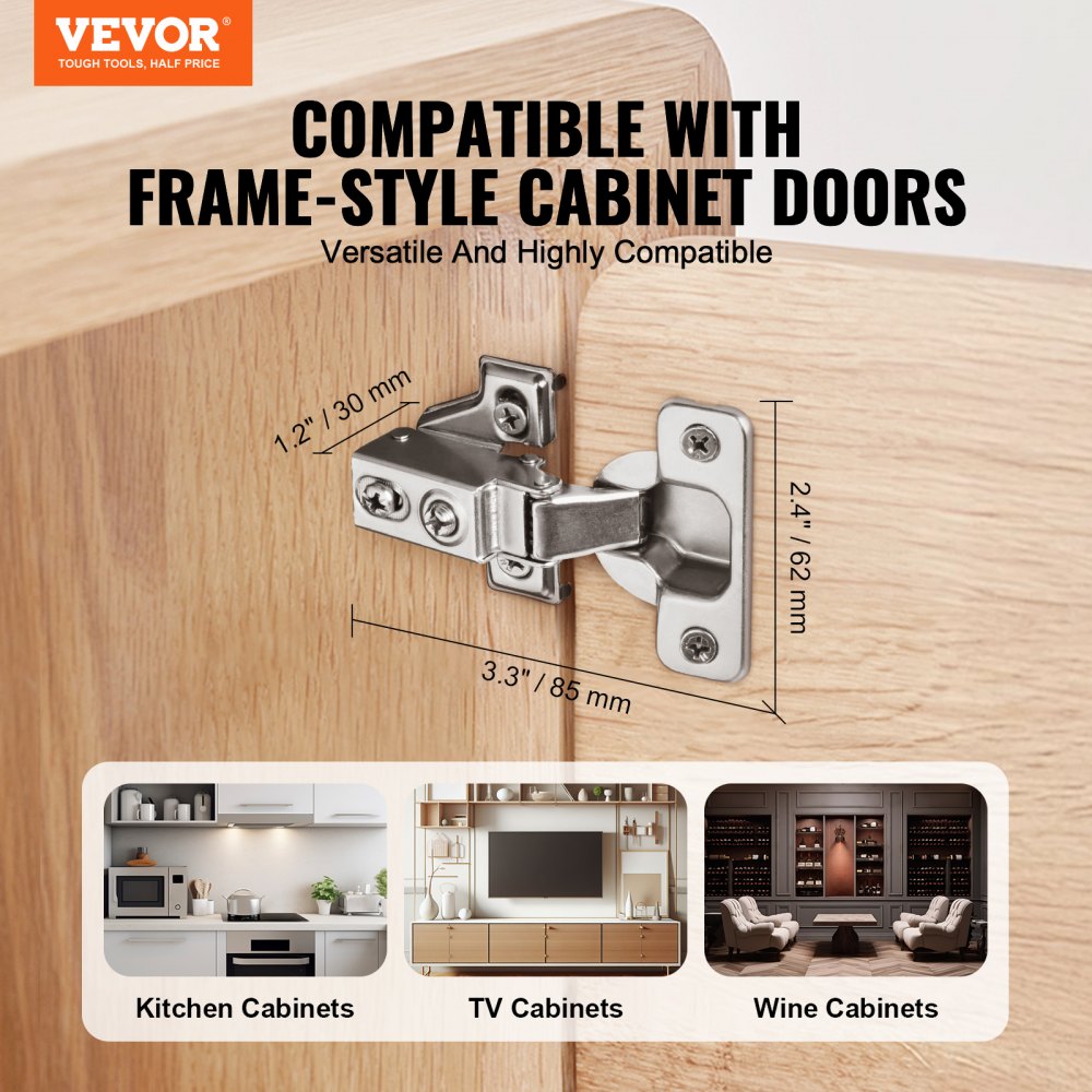 VEVOR Cabinet Door Hinges 60 Packs Partial Overlay Soft Close for Framed/Frameless 