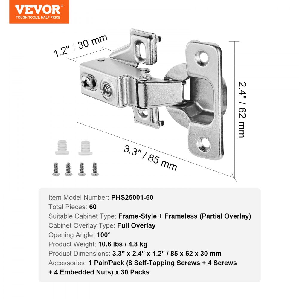 VEVOR Cabinet Door Hinges 60 Packs Partial Overlay Soft Close for Framed/Frameless 
