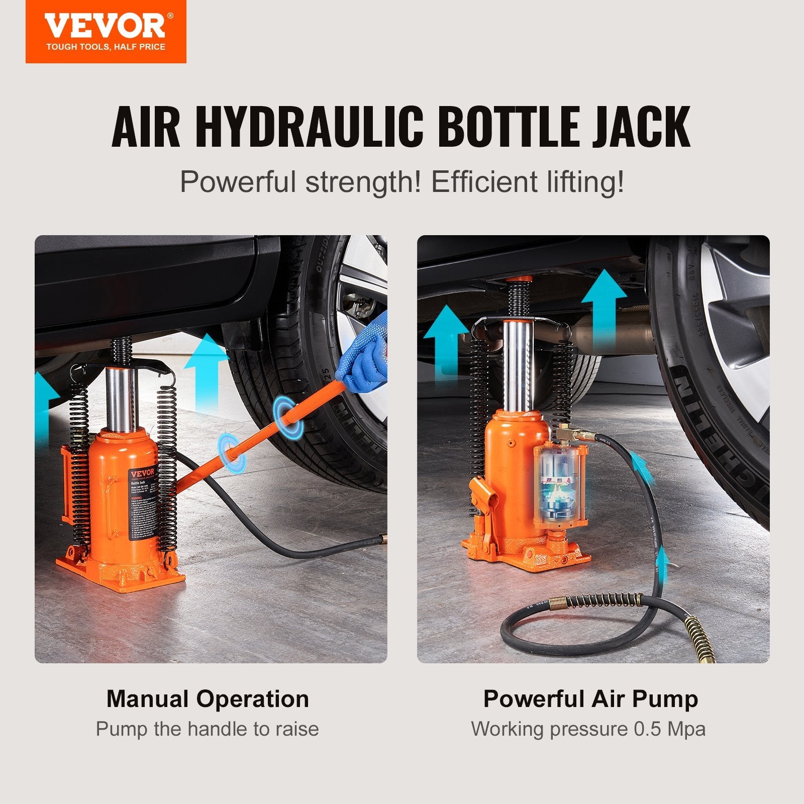 VEVOR Air Hydraulic Bottle Jack, 20 Ton/40000 LBS All Welded Bottle Jack, 10.4-19.7 inch Lifting Range, Manual Handle and Air Pump, for Car, Pickup, Truck, RV, Auto Repair, Industrial Engineering 