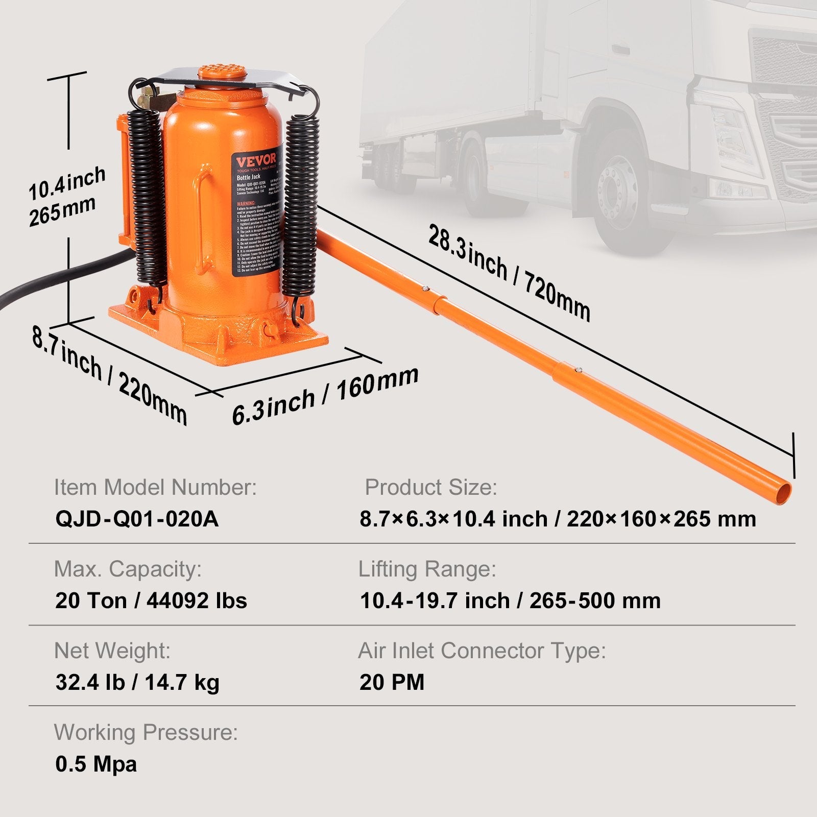VEVOR Air Hydraulic Bottle Jack, 20 Ton/40000 LBS All Welded Bottle Jack, 10.4-19.7 inch Lifting Range, Manual Handle and Air Pump, for Car, Pickup, Truck, RV, Auto Repair, Industrial Engineering 