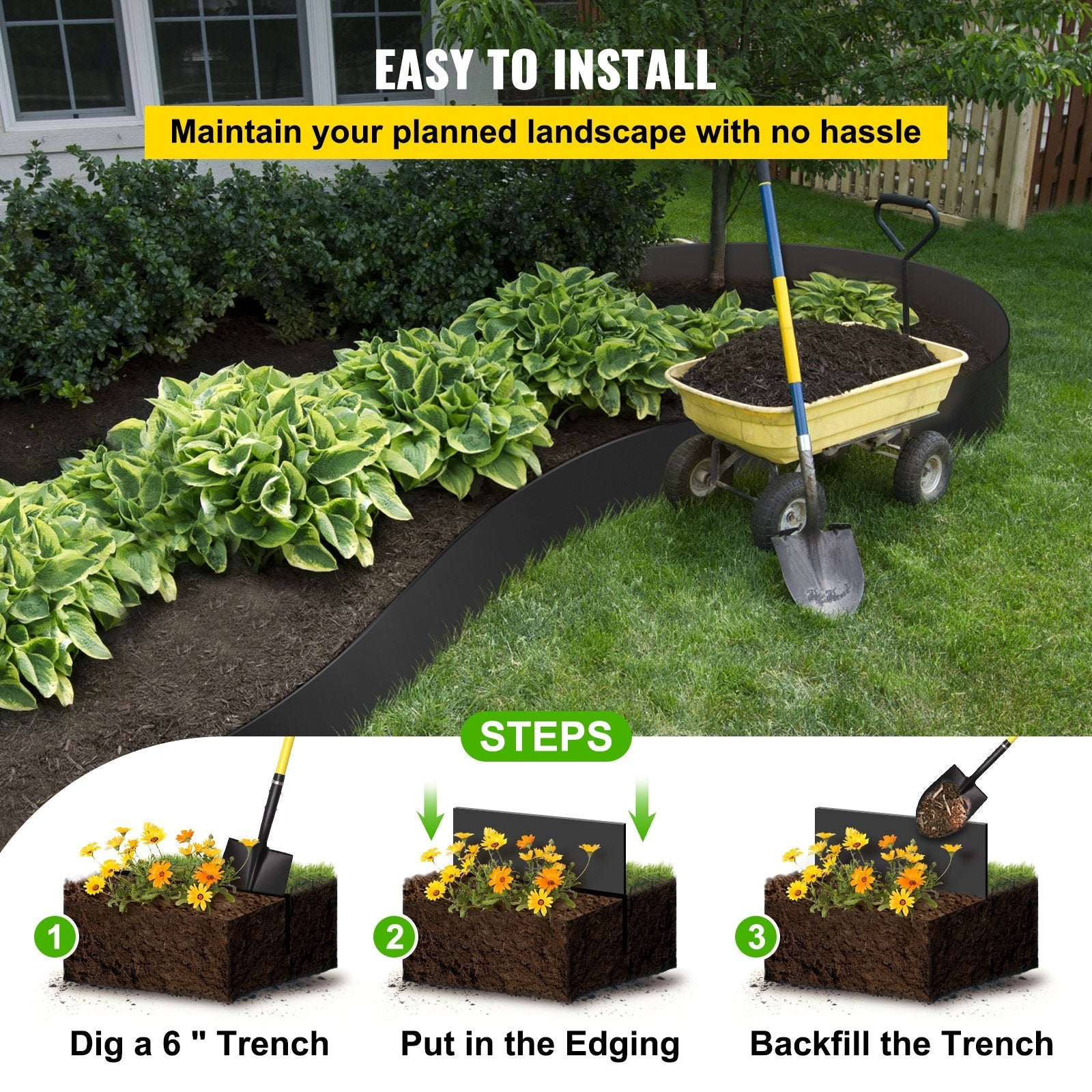 VEVOR Landscape Edging, 10 inch Depth 40 ft Total Length, Recycled HDPE Coiled Terrace Board, Flexible Bender Border for Landscaping, Lawn, Garden, Yard, Against Invading Weeds, Black 