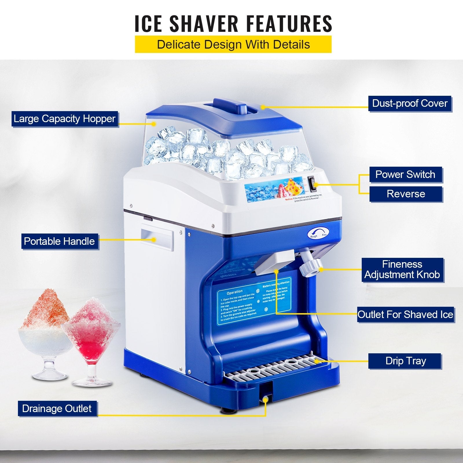 Commercial Ice Shaver Ice Shaving Machine, with Hopper, Electric Snow Cone Maker 
