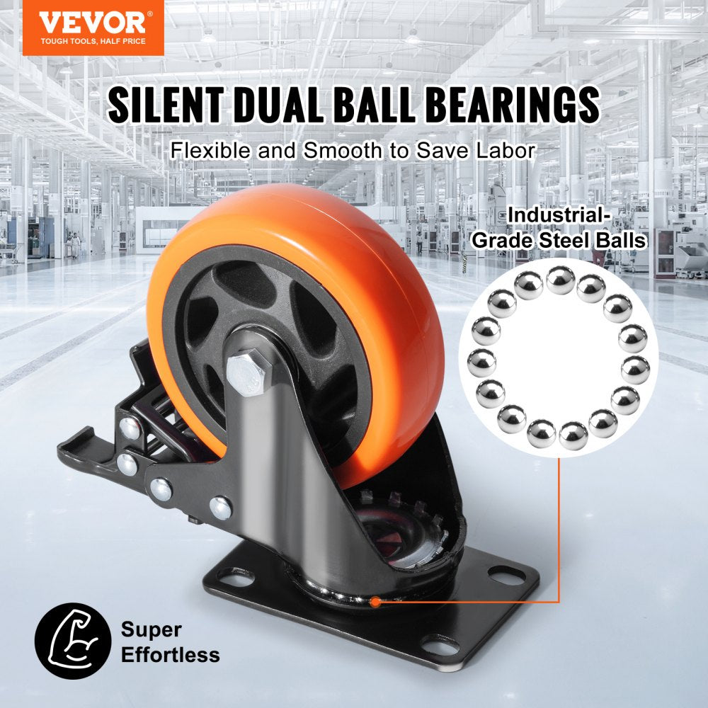 VEVOR Caster Wheels, 4-inch Swivel Plate Casters, Set of 4, with Security A/B Locking No Noise PVC Wheels, Heavy Duty 350 lbs Load Capacity Per Caster, Non-Marking Wheels for Cart Furniture Workbench 