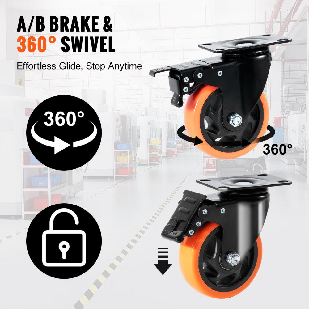 VEVOR Caster Wheels, 4-inch Swivel Plate Casters, Set of 4, with Security A/B Locking No Noise PVC Wheels, Heavy Duty 350 lbs Load Capacity Per Caster, Non-Marking Wheels for Cart Furniture Workbench 