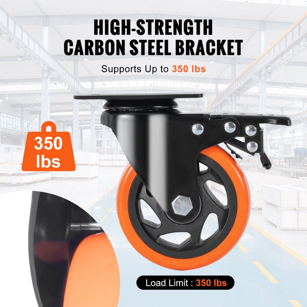VEVOR Caster Wheels, 4-inch Swivel Plate Casters, Set of 4, with Security A/B Locking No Noise PVC Wheels, Heavy Duty 350 lbs Load Capacity Per Caster, Non-Marking Wheels for Cart Furniture Workbench 
