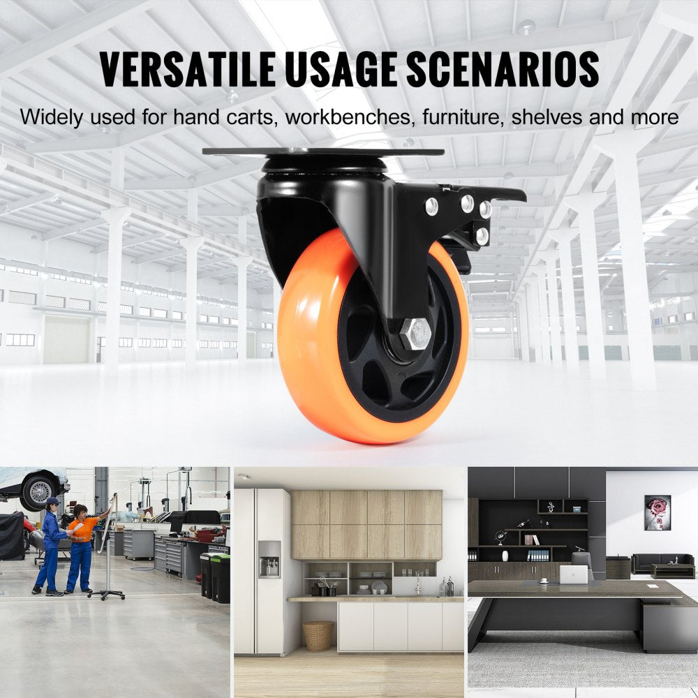 VEVOR Caster Wheels, 4-inch Swivel Plate Casters, Set of 4, with Security A/B Locking No Noise PVC Wheels, Heavy Duty 350 lbs Load Capacity Per Caster, Non-Marking Wheels for Cart Furniture Workbench 