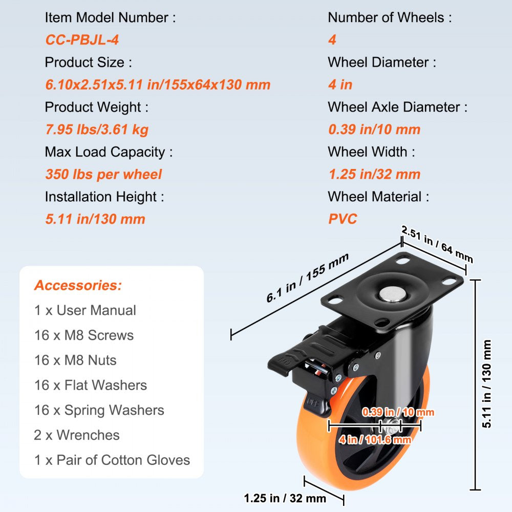 VEVOR Caster Wheels, 4-inch Swivel Plate Casters, Set of 4, with Security A/B Locking No Noise PVC Wheels, Heavy Duty 350 lbs Load Capacity Per Caster, Non-Marking Wheels for Cart Furniture Workbench 