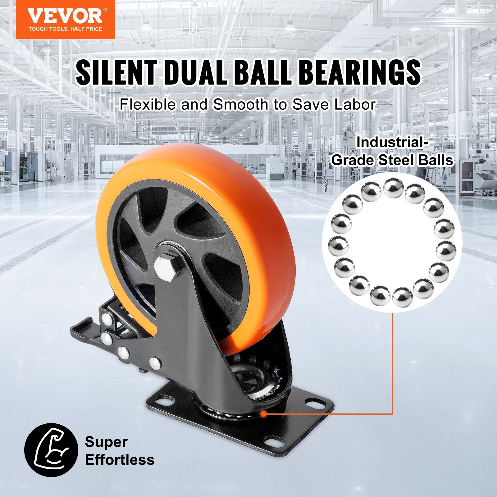 VEVOR Caster Wheels, 5-inch Swivel Plate Casters, Set of 4, with Security A/B Locking No Noise PVC Wheels, Heavy Duty 450 lbs Load Capacity Per Caster, Non-Marking Wheels for Cart Furniture Workbench 