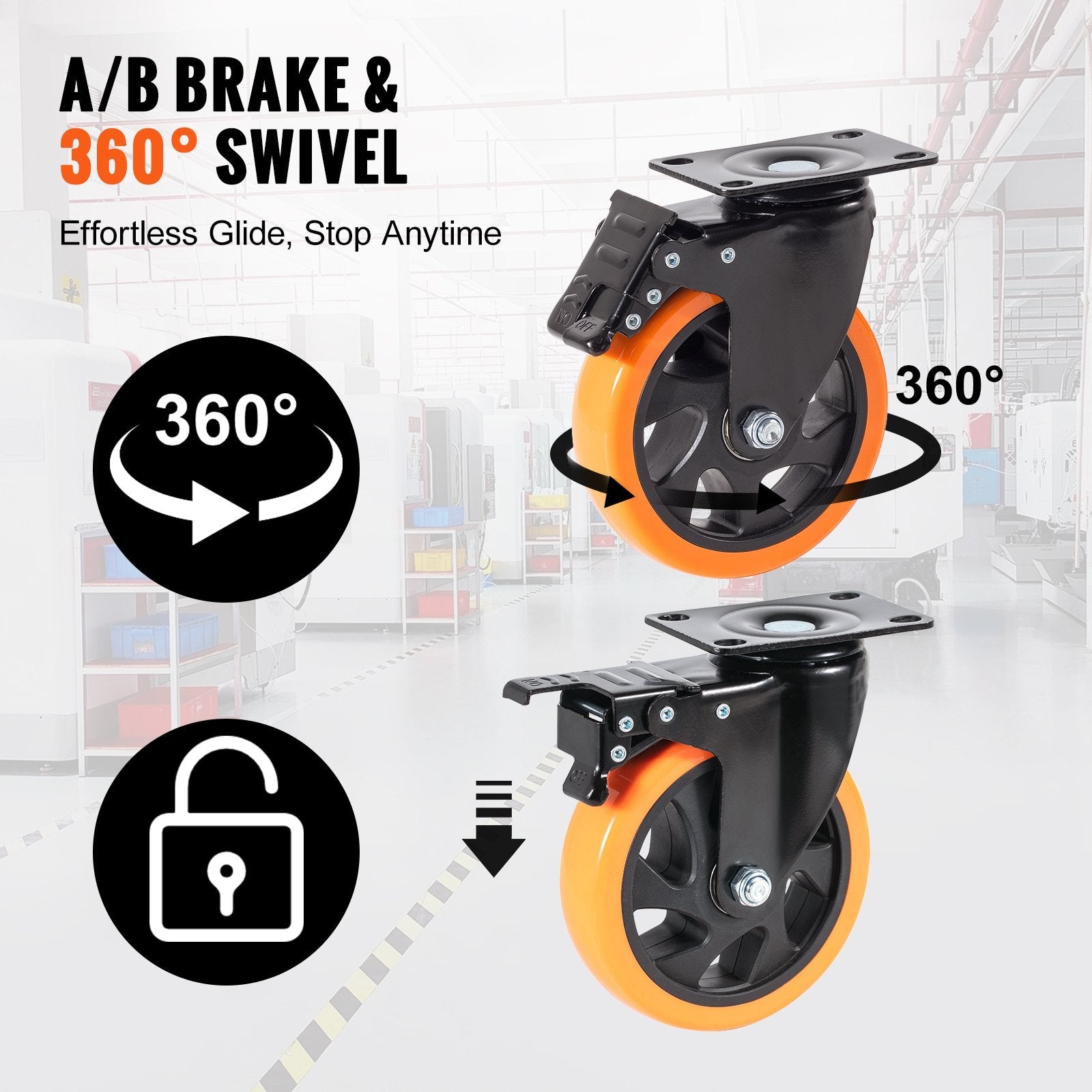 VEVOR Caster Wheels, 5-inch Swivel Plate Casters, Set of 4, with Security A/B Locking No Noise PVC Wheels, Heavy Duty 450 lbs Load Capacity Per Caster, Non-Marking Wheels for Cart Furniture Workbench 