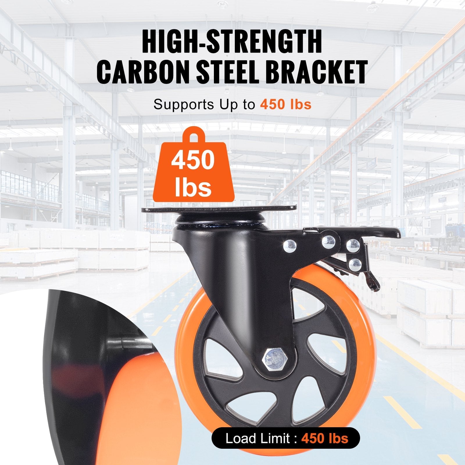 VEVOR Caster Wheels, 5-inch Swivel Plate Casters, Set of 4, with Security A/B Locking No Noise PVC Wheels, Heavy Duty 450 lbs Load Capacity Per Caster, Non-Marking Wheels for Cart Furniture Workbench 