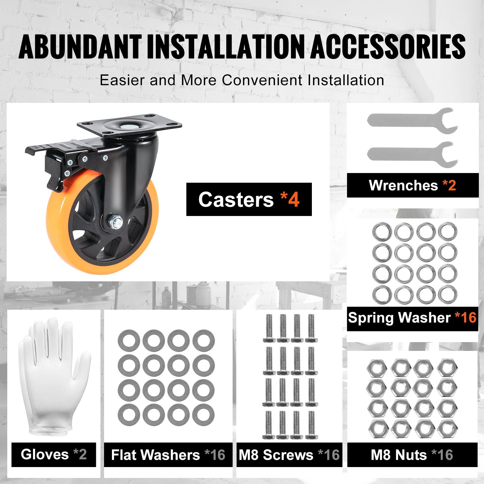 VEVOR Caster Wheels, 5-inch Swivel Plate Casters, Set of 4, with Security A/B Locking No Noise PVC Wheels, Heavy Duty 450 lbs Load Capacity Per Caster, Non-Marking Wheels for Cart Furniture Workbench 