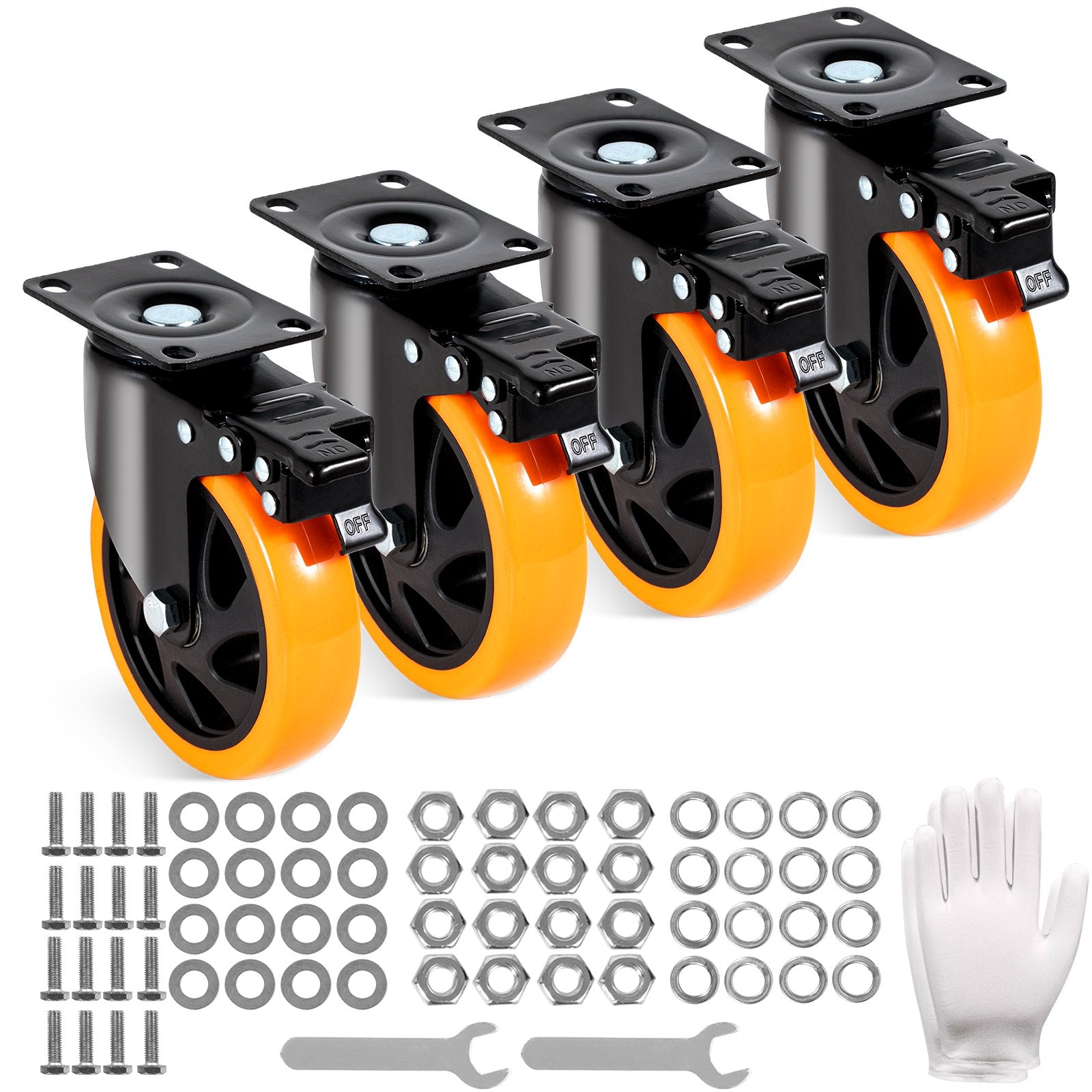 VEVOR Caster Wheels, 5-inch Swivel Plate Casters, Set of 4, with Security A/B Locking No Noise PVC Wheels, Heavy Duty 450 lbs Load Capacity Per Caster, Non-Marking Wheels for Cart Furniture Workbench 