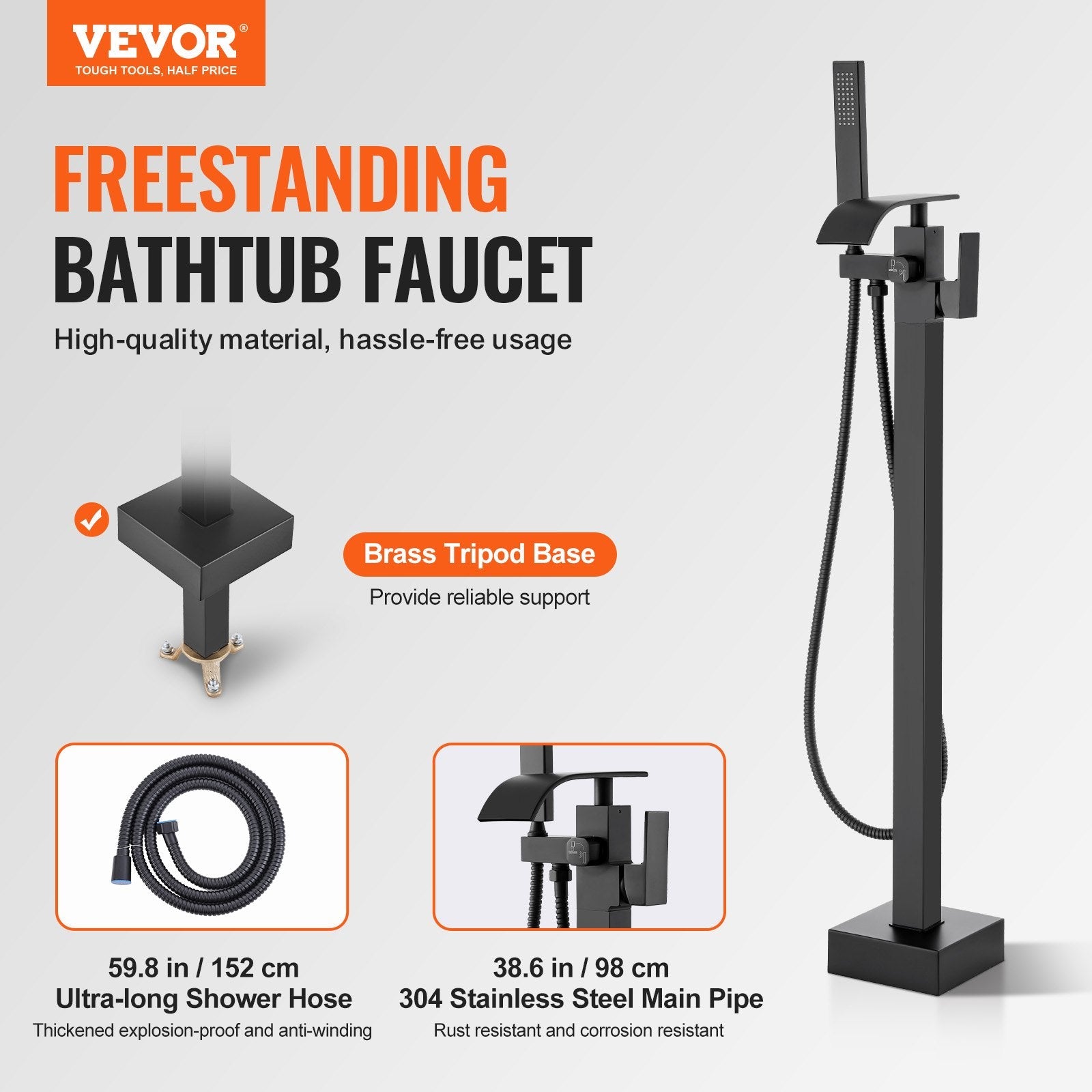 VEVOR Freestanding Bathtub Faucet, Floor Mount, Freestanding Tub Filler, Shower Mixer Taps, Two Water Modes, 360° Swivel Spout, for Bathing & Showering Pet Bathing Cleaning Drains Toilet Flushing 